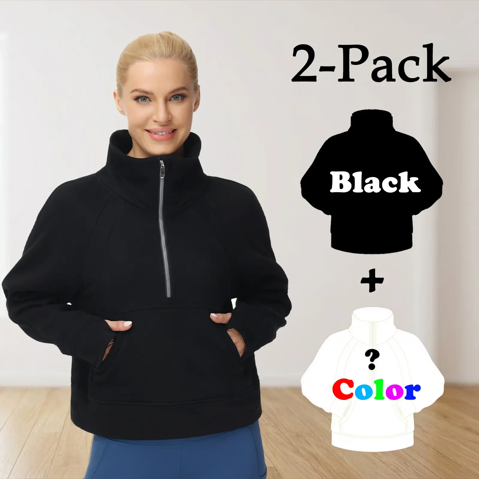 THE GYM PEOPLE Women's 2-Pack Cloud Fleece Crop Hoodies, Half Zip Sweatshirts with Pockets and Thumb Holes (1 Black + 1 Random Color), Fabric, Lady, Casual, Athleisure Wear, Cute Look, Pockets Thumb Hole, Top, Basic, Long Sleeve, Pieces, Clothes, Warehous