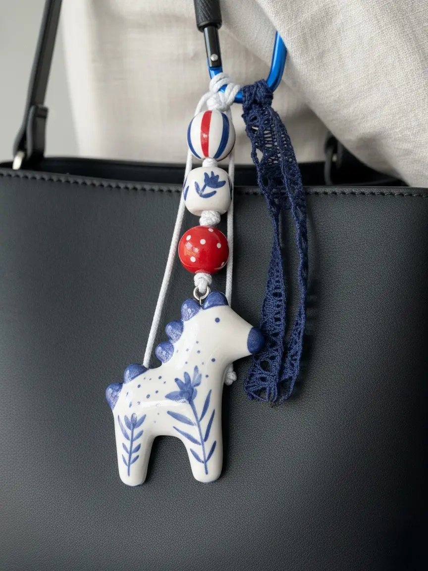 Handmade Ceramic Horse Bag Charm, Clay Keychain with Beads