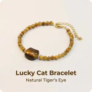 Golden Tiger Eye Bead Bracelet with Carved Cat Wealth Lucky Gift for Cat Lovers