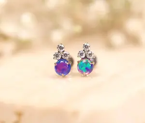 Gold Opal Earrings, 18G/16G Titanium Australian Opal Floral Stud Earring/Conch/Tragus/Helix/Cartilage/Internally Threaded • Flat Back Earring • Screw Back Studs