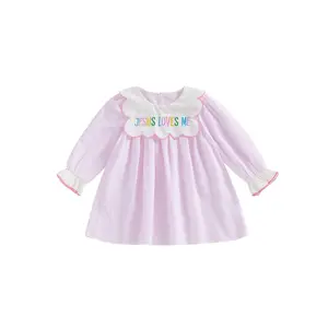 Toddler Girls Easter Dress Fashionable Cute Letters Embroidery Long Bubble Sleeve Striped Dress