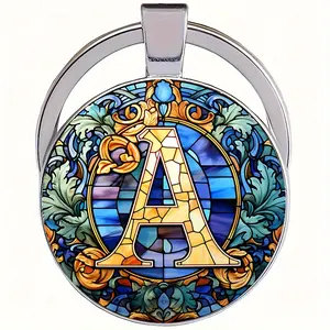 Single Piece Alphabet Stained Glass Keychain A-Z - Alloy Alphabet Key Ring with Glass Dome Decoration, Bright Floral Patterns and Blue/Gold Accents, Women's Decorative Ring, Ideal Birthday Gift for Special Occasions, Cute Keychain Accessory, Thoughtful So