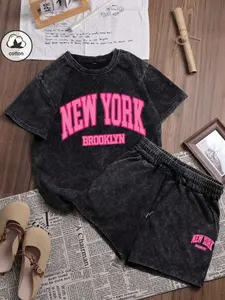 Summer Women's Fitted Fun Print Hip-Hop New York Letter Pattern Streetwear Outfit, Korean Comfort Vintage Fashion Commuter Casual Millennium Clothing