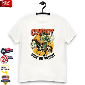 Cowboy Ride or Fright Halloween T-Shirt Featuring Skeleton Western Theme and Spooky Cowboy Design for True Fans