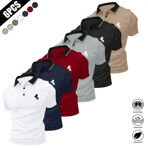 Men's 6-Pack Simple Solid-Color Button-Front Woven Polo Shirts - Lightweight Stretch Polyester, Breathable Quick-Drying Collared Golf Tops, Turn-Down Collar Horse Print, Summer Office Wear, Fitness Tops, Collared Golf Shirt