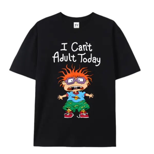 Menswear Short-Sleeve Soft Round Neck T-Shirt, Funny Rugrats Chuckie "I Can't Adult Today" Graphic Tee, 90s Cartoon Nostalgia Outfit, Comfort Cotton Lazy Day Gift For Fans, Casual Black Meme Quote Top, Shortsleeve, Tshirt