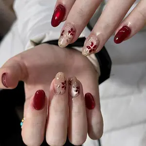 Short Oval Almond Nail Shape, Cherry Wine, Medium Length, Reusable Handmade Design, Handmade Press On, Perfect for New Year & Parties