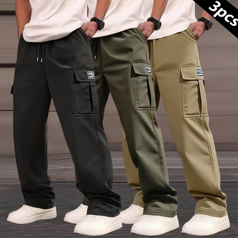 Clean Gent 3-piece men's solid color multi-pocket straight overalls, regular version casual fashion and comfortable outdoor trousers, men's bottoms for daily wear, drawstring waist pants