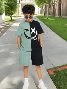 Boys' 2-Piece Fashion Set, Youth Kits, Casual All-Over Print Short Sleeve T-Shirt & Shorts, Perfect for School, Daily Wear, Sports, Spring Summer Outdoor