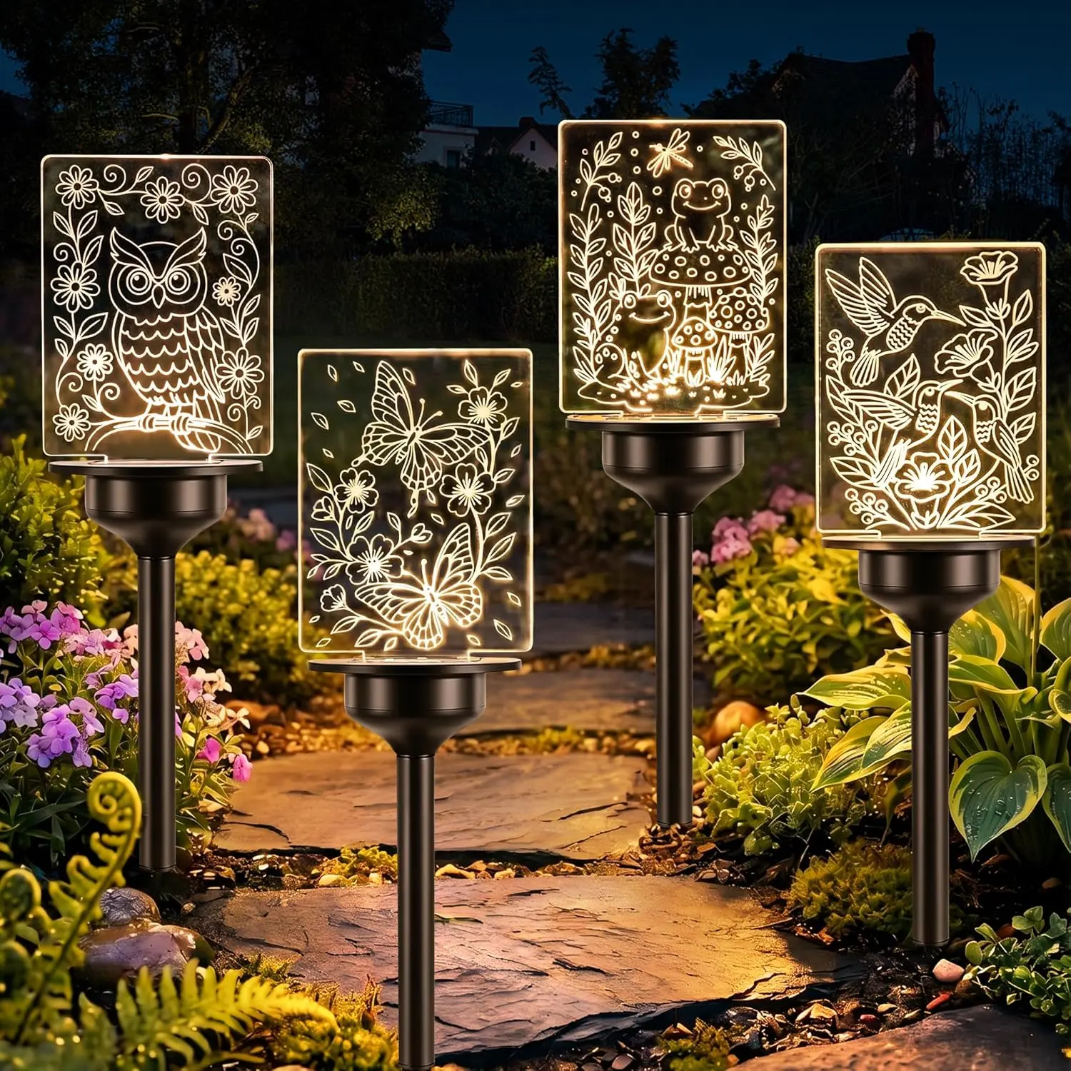 BrizLabs Solar Garden Lights, 4 Pack Solar Pathway Lights with Butterfly Frog Hummingbird Owl Pattern, Outdoor Landscape Lighting, Waterproof Acrylic Garden Stake Light for Yard Walkway, Warm White
