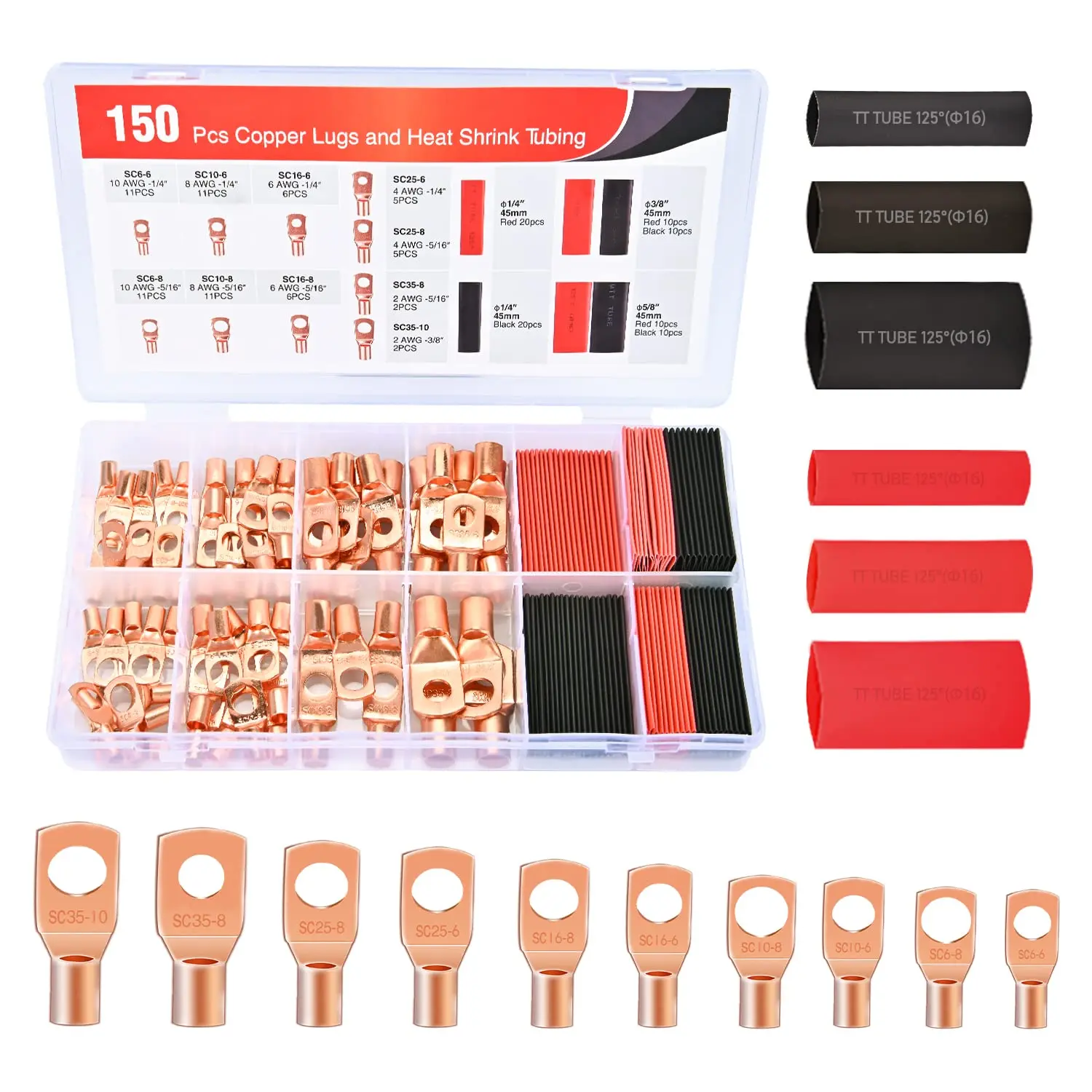 Nilight 150 Pcs Multi-Sizes Copper Wire Lugs & Heat Shrink Tubing Assortment Kit - 2,4,6,8,10 AWG Heavy Duty Battery Terminal Crimp Connectors, 80 Pcs 3:1 Heatshrink Tubing, 10 Stud Sizes for Golf Carts, Car Wiring Project, Distribution Box