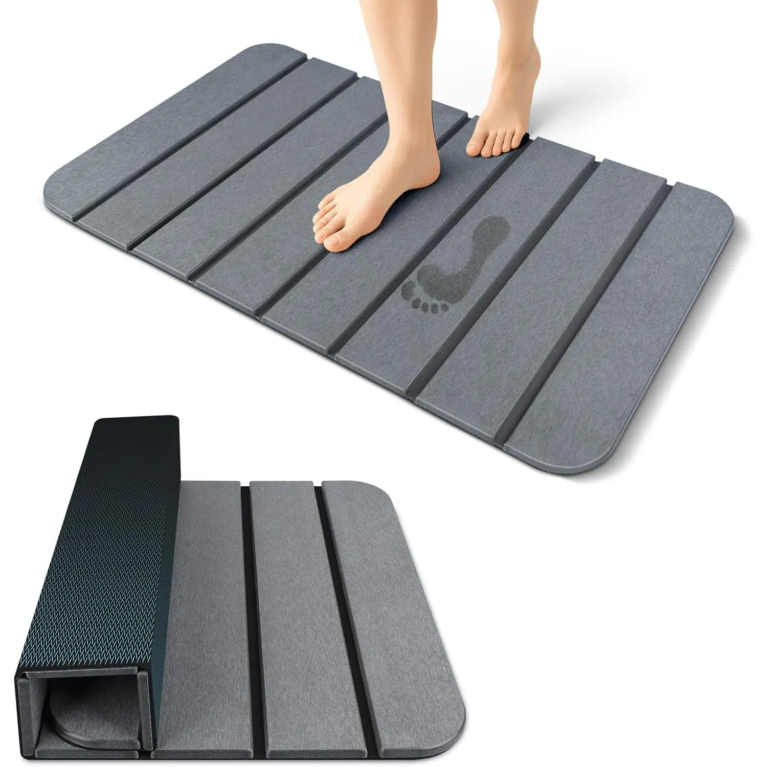 Large Rectangle Foldable Diatomite Mix Mineral Stone Bath Mat (28''x17''), Rubber Non-Slip Base, Super Absorbent Quick-Drying Fabric, Washable Space-Saving Easy to Store, Easy to Clean Grey Mat for Indoor Bath Use & Decor