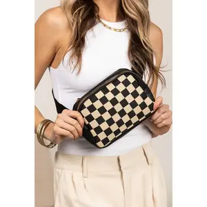 Mixed Media Check Sling Bag - Vegan Leather & Canvas, Adjustable Strap, Zip Closure, Stylish & Functional Design