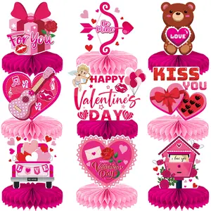 9 Pieces Valentine's Day Honeycomb Centerpieces Decorations Pink Red Heart Honeycomb Table Decorations Cute Bear Valentines Party Decorations, Valentine's Party Supply