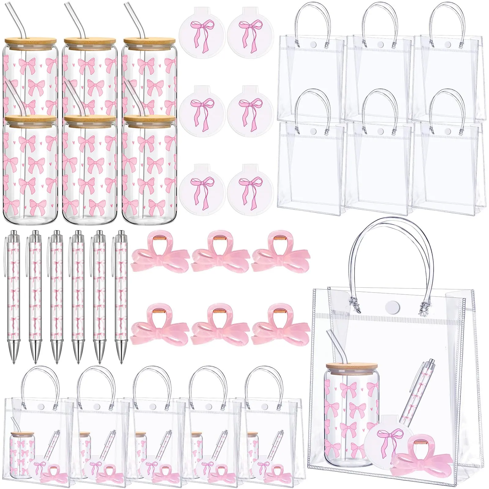 6 Set Baby Shower Prizes for Game Winners Women Party Favors Handheld Gifts includes Glass Tumblers with Straws Lids Portable Mirrors Hair Clips Pens 7 Themes with 6 Transparent Gift Bags for Baby Shower Bridal Shower Wedding Birthday Anniversary Favors