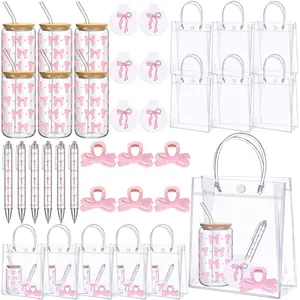 6 Set Prizes for Game Winners Baby Shower Favors Gifts including Glass Tumblers with Straws Lids Portable Mirrors Hair Clips Pens 7 Themes with 6 Transparent Gift Bags for Baby Shower Bridal Shower Wedding Birthday Anniversary Favors