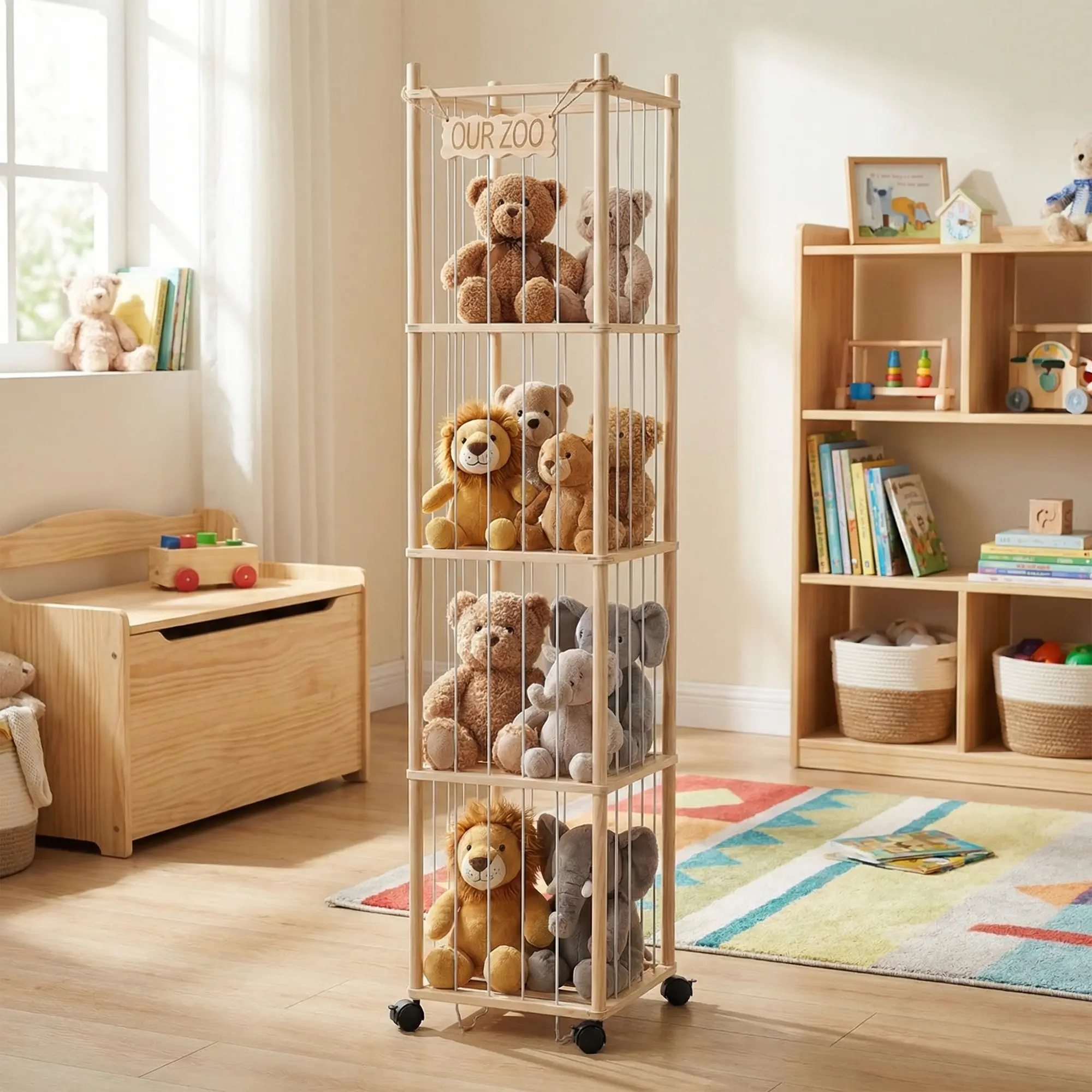 Plush Toy Storage Organizer Tower with Wheels, 4-Tier Stuffed Animal Holder with Wood Frame & Bungee Cords, Space-Saving Toy Shelf for Kids Room, Nursery & Playroom, 70"H