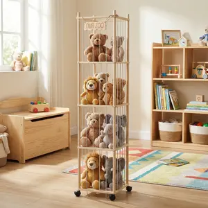 Plush Toy Storage Organizer Tower with Wheels, 4-Tier Stuffed Animal Holder with Wood Frame & Bungee Cords, Space-Saving Toy Shelf for Kids Room, Nursery & Playroom, 70"H