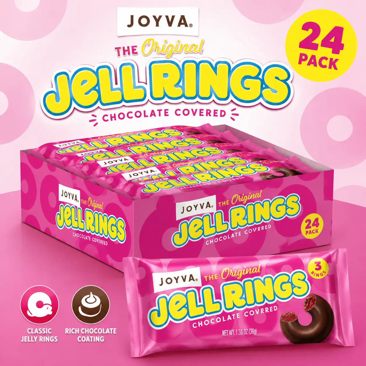 JOYVA Jelly Rings 3 Pack 24 Count  Chocolate Covered Raspberry Jelly Candy | Classic Gourmet Treat for Sharing & Gifting