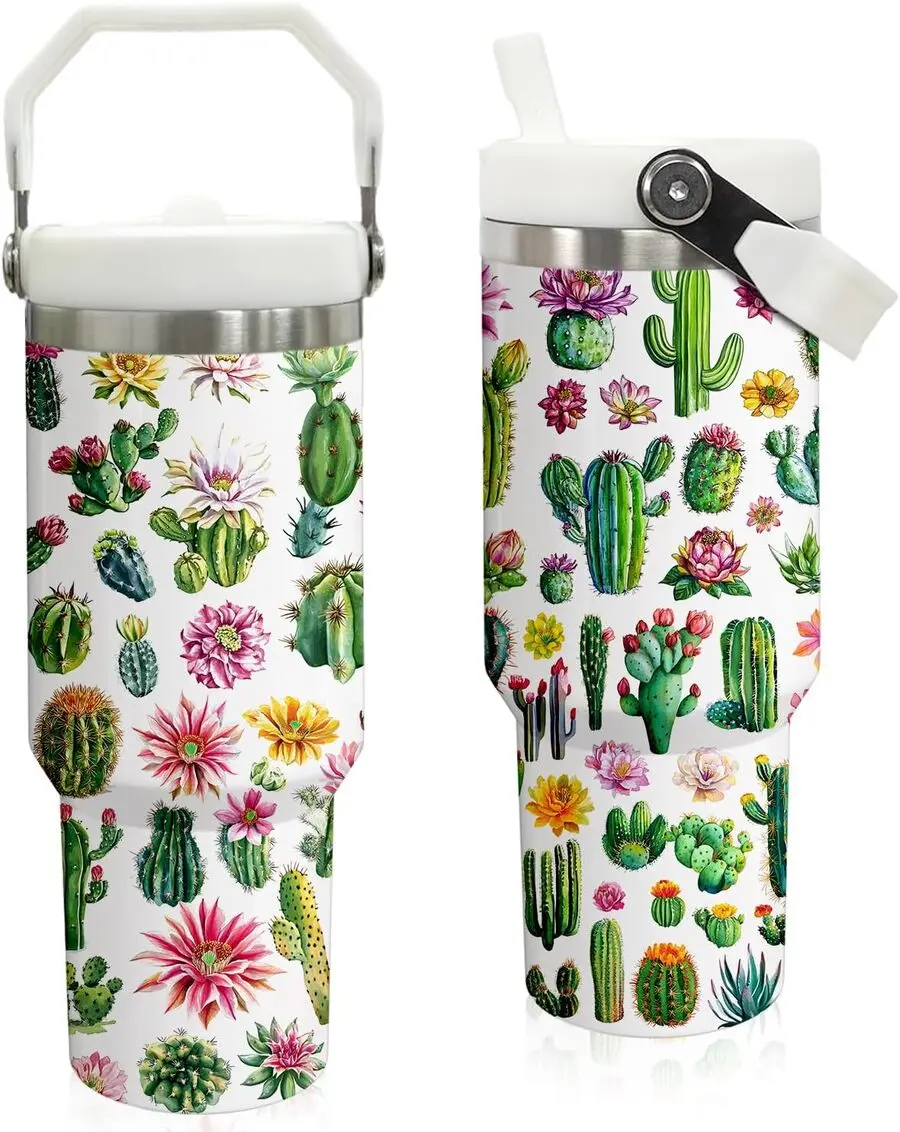 30 oz Insulated Stainless Steel Cactus Print Tumbler Mug - Portable Double-Wall Leak-Proof Drinkware with Handle, Flip Straw, Travel Coffee Container, Birthday Gifts Ideas for Cactus-Loving Women