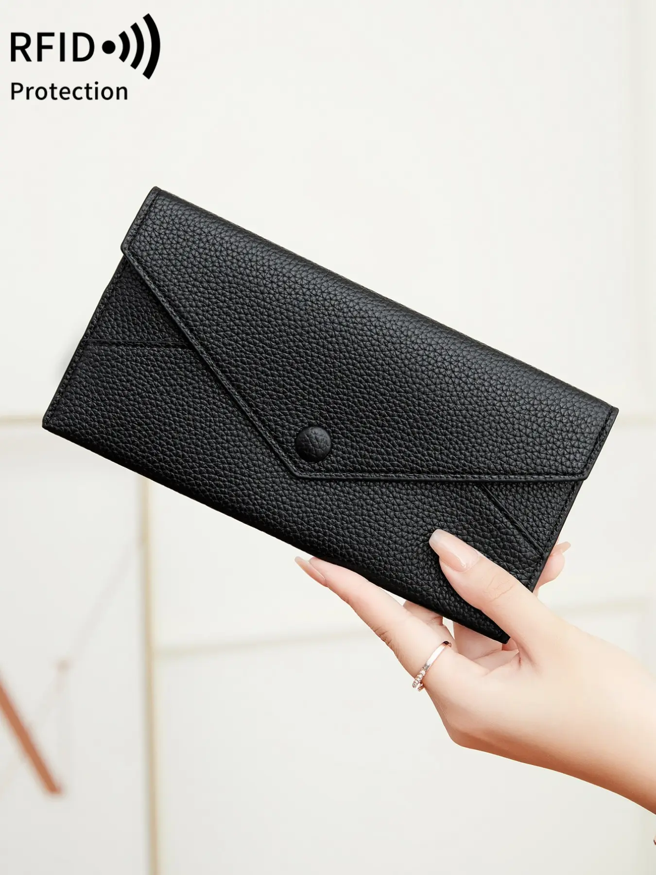 Minimalist Women's Lightweight Long Wallet, RFID Barrier, Flip Envelope Card Bag, Solid Color Lychee Pattern Handbag, Large Capacity Coin Purse, Card Bag Wallet With Card Slot, Suitable For Daily Use
