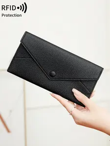 Minimalist women's lightweight long wallet, RFID barrier, flip envelope card bag, solid color lychee pattern handbag, large capacity coin purse, card bag wallet with card slot, suitable for daily use, birthday gifts, ideal gifts