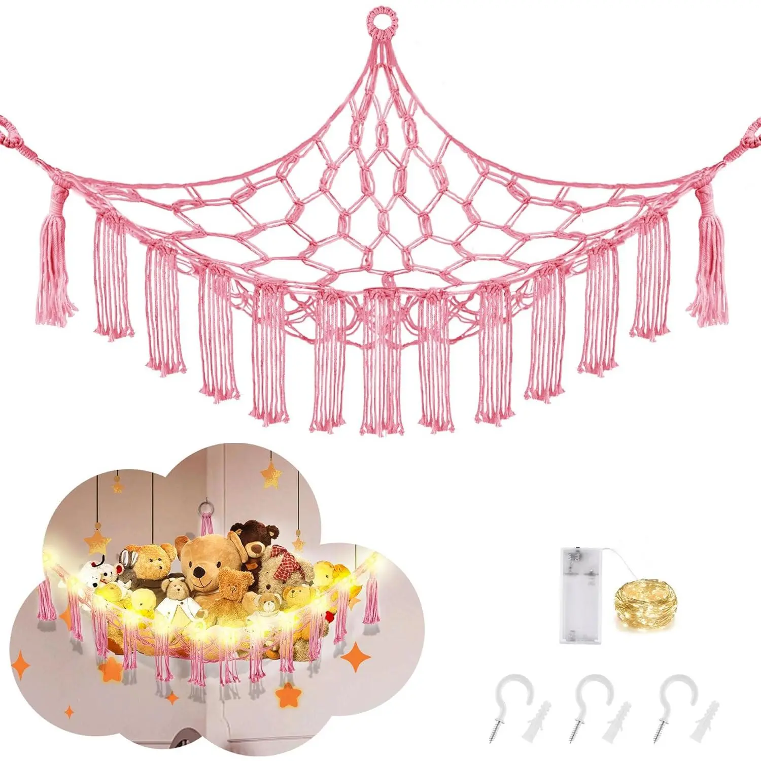 Stuffed  Hammock with LED Light,  Hammock for Stuffed  Storage for  Room Decor, Stuffed  Hammock Corner, Pink
