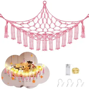 Stuffed  Hammock with LED Light,  Hammock for Stuffed  Storage for  Room Decor, Stuffed  Hammock Corner, Pink