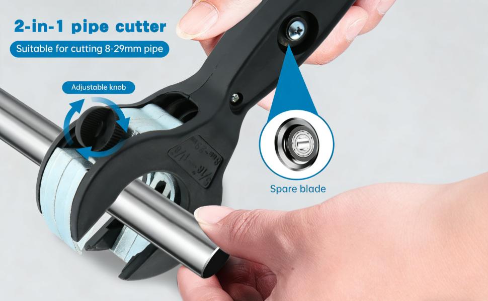 Ratchet tubing cutter, a 5/16-1-1/8 inch stainless steel copper aluminum one handed quick cutting tool for household work, tubing cutter 1/4 "to 7/8", 2-in-1 closed quarter tube compact cutter, used for cutting PVC, PP, and plastic hoses