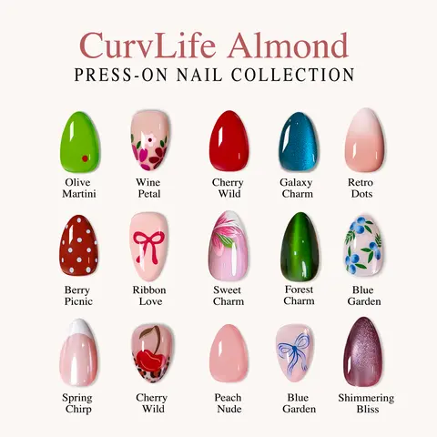 CurvLife Almond Collection Press-On Nail Sets - 30pcs Gel Nails, Sheer Pink Nude Tones, Minimal Floral Details, Glossy Jelly Finish, Reusable, Long-Lasting 2-Week Wear for Everyday Use