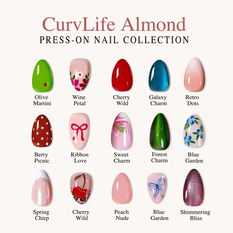 CurvLife Almond Collection Press-On Nail Sets - 30pcs Gel Nails, Sheer Pink Nude Tones, Minimal Floral Details, Glossy Jelly Finish, Reusable, Long-Lasting 2-Week Wear for Everyday Use