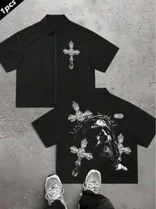 Men's Regular Street Style American Jesus Cross Print Short Sleeve Shirt, Summer Casual Comfortable Top, Daily Wear, Tropical Flair