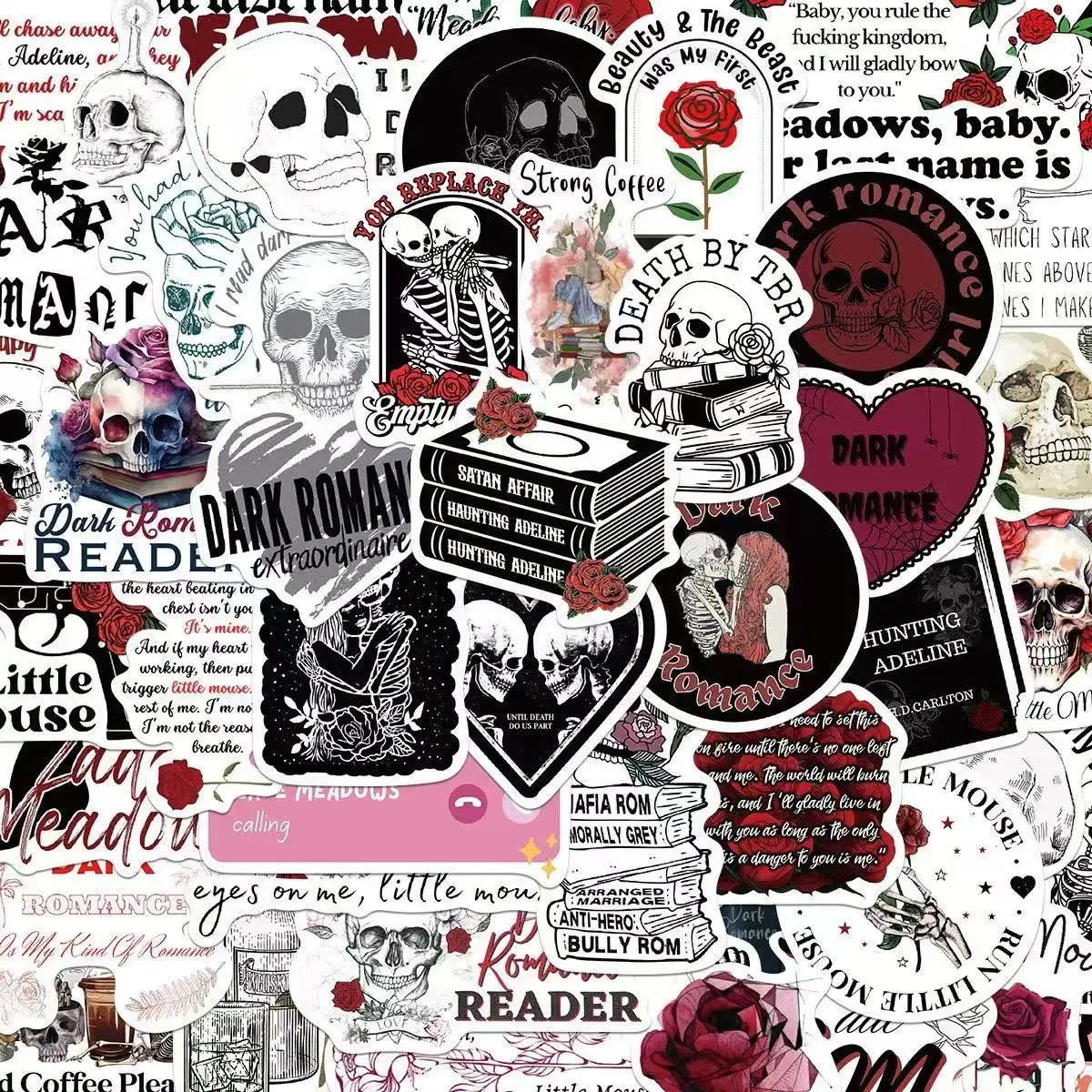 52Pcs Dark Romance Book Stickers Pack, Waterproof Skeleton & Rose Vinyl Decals for Laptop, Water Bottle, Journal & Scrapbook, Book Lover Gift, Scrapbooking Stickers