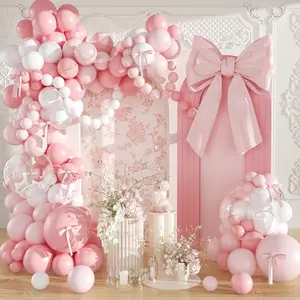 Pink Bow Balloon Garland Arch Kit, 142Pcs Pink and White Balloons with Clear Balloon Bows for Gender Reveal Baby Shower Wedding Bridal Shower Birthday Party Decorations