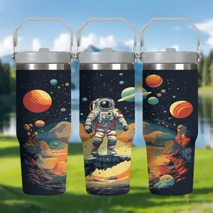 1pc Space Astronaut Planet Pattern, 30oz Stainless Steel Insulated Water Bottle, with Handle and Straw, Car-Portable Leak-Proof Drinking Water Bottle, Insulated Cold Coffee Cup, Ideal Gift for Travel and Work Drinking.
