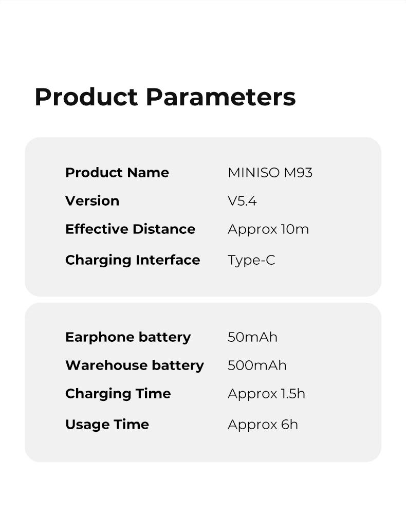 MINISO M93True Wireless Open Ear Earbuds Bluetooth 5.4 IPX5 Waterproof 48Hours Play time OWS Headphones Immersive Premium Sound Long Distance Connection Headset with Charging Case Light-Weight Headphones Built-in Microphone Earbuds