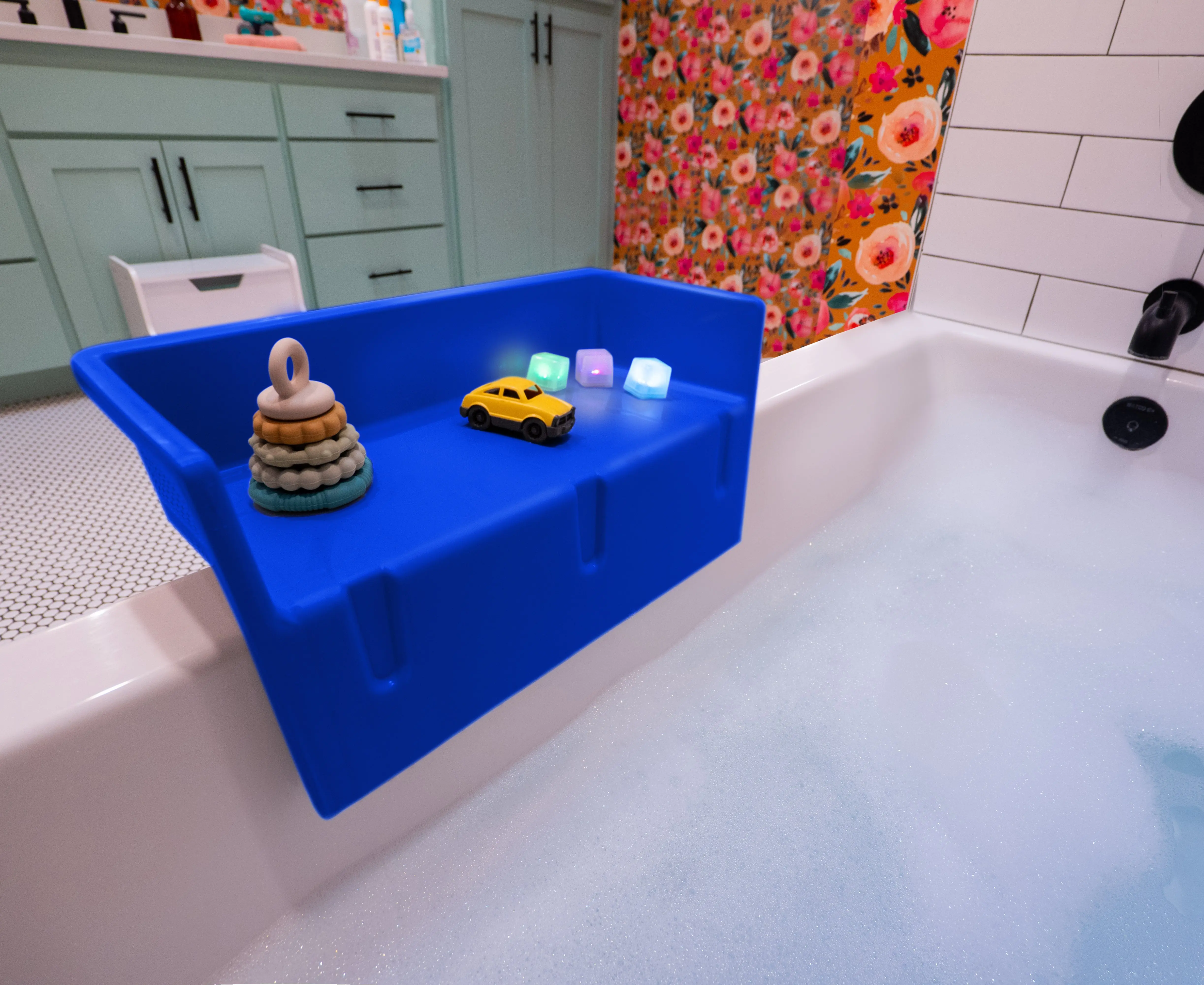 Tub Topper Mini Bathtub Splash Guard for Kids & Toddlers - Tub Tray Shelf for Bath Toys - Blue