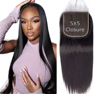 Virgin Hair 5*5 Closure - Straight Hair, 5" Length, 150% Density, Ideal for Everyday Wear, Heat Resistant, Black Color