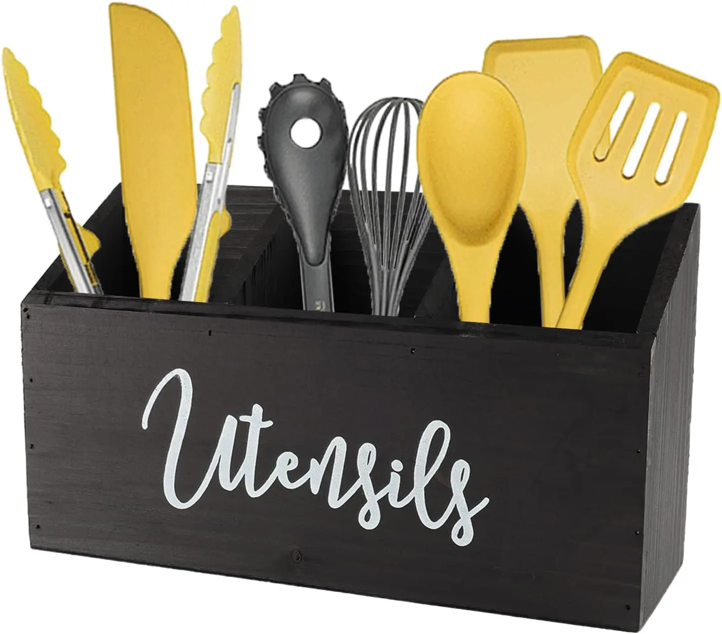 Gzsekken Kitchen Utensil Holder,Large Wood Utensil Organiser 3 Compartments for Kitchen Counter, Farmhouse Cutlery Caddy Cooking Tools Storage Caddy Holder for Fork Spoon