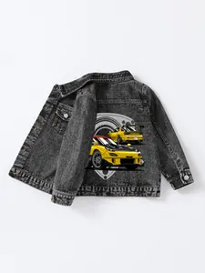 Boys' Vintage Denim Jacket, Cartoon Print Design, Fun And Playful, Fitted Cotton Outerwear, Spring & Summer Comfortable Coat, Ideal for School & Travel