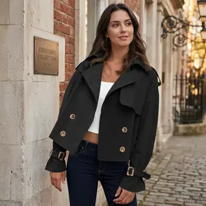 Women's Fashion Cropped Trench Coat - Oversized Double Breasted Lapel Long Sleeve Short Jacket Stylish Outerwear Perfect for Casual Daily Wear Fall Spring Season Lightweight Breathable Comfortable Design
