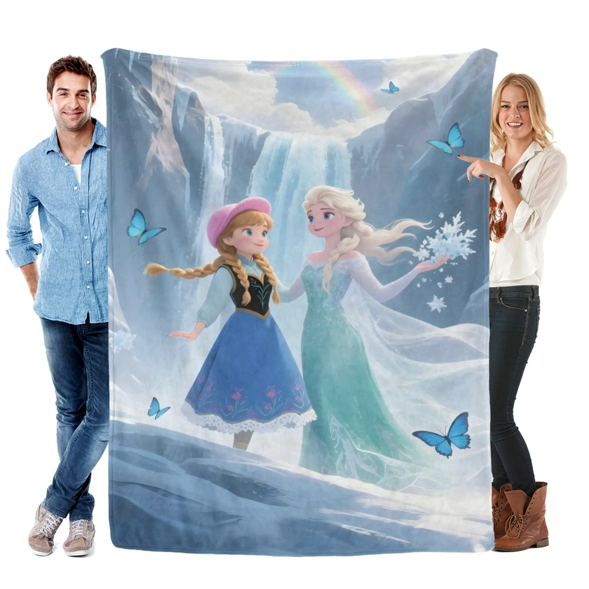 [SummerVibes] DISNEY CLASSIC Frozen Anna & Elsa Soft Flannel Blanket, Vibrant Waterfall Print for Home, Bedroom Decor & Holiday Gifts