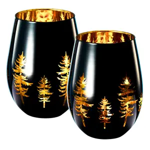 Crystal Holiday Winter Christmas Trees Black & Gold Stemless Wine Glasses - Set of 2 - Glass Colored Vibrant Etched Forest Tree Frosted Glass, Perfect for Parties Gifts For Him Her Gift (14 OZ)