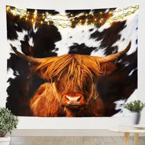 Rustic Highland Cattle Tapestry - Cozy Cowhide Wall Hanging with String Lights, Black & White Farmhouse Decor for Men, Women, and Teens - Soft Polyester, Woven, Horizontal - Ideal for Room Accent, Cow Decor