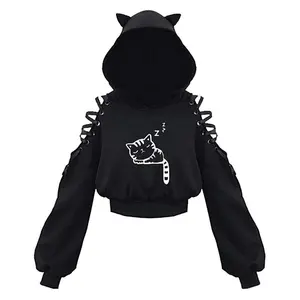 Women's Hoodie Cat Ear Crop Top Hooded Sweatshirt Hollow Out Lace Up Sleeves Cat Cute Crop Top Hoodies PulloverGift