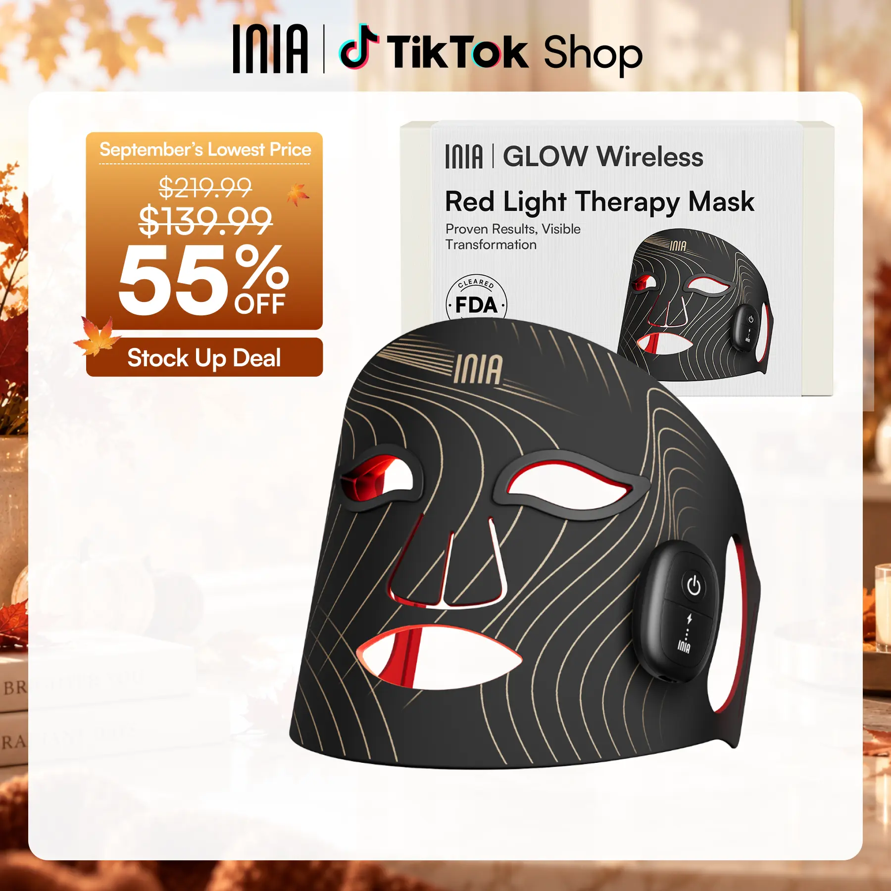 INIA GLOW Wireless LED Red Light Therapy Mask - Rechargeable Battery, Included Batteries, 2-Year Warranty, Portable, for At-Home Skincare & Summer Travel, Targets Eyes, Supports Glowup (Facial Beauty Device), Adults,back to school,back to school haul