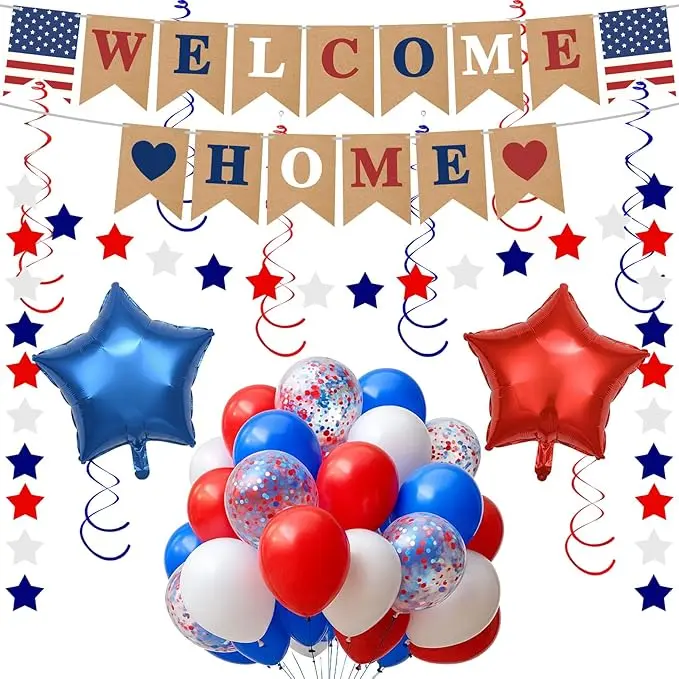 Welcome Home Decorations Kit – Pre-Strung “Welcome Home” Banner with Balloons & Star Garland | Homecoming Party Supplies for Military Return, Family Reunion, Travel Welcome Back Celebration Decor