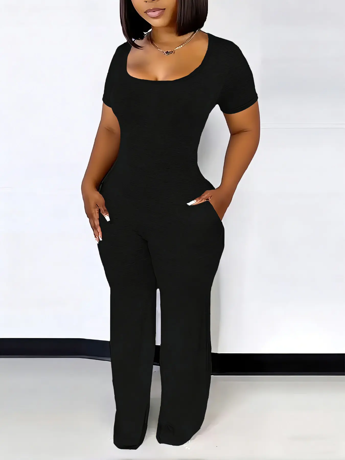 Women's Short Sleeve Long Pants Casual Fashion Jumpsuit, Jumpsuits With Pocket, Basic Lady Plain Color Minimalist Elastic Pocket Design, High Waist Casual Fitted One-Piece Womenswear