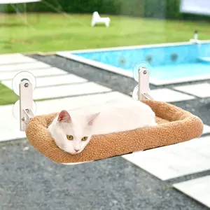 Foldable Cat Window Hammock - Wireless Design, Machine Washable Built-in Bed, Sturdy Metal Frame - Suitable for Large Cats and Kittens (Brown Cushioned Bed, Medium Size)