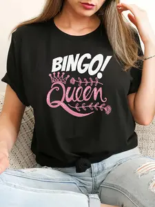 BINGO Lettering Pattern Crew Neck T-Shirt, Casual Short Sleeve T-Shirt, Women's Clothing